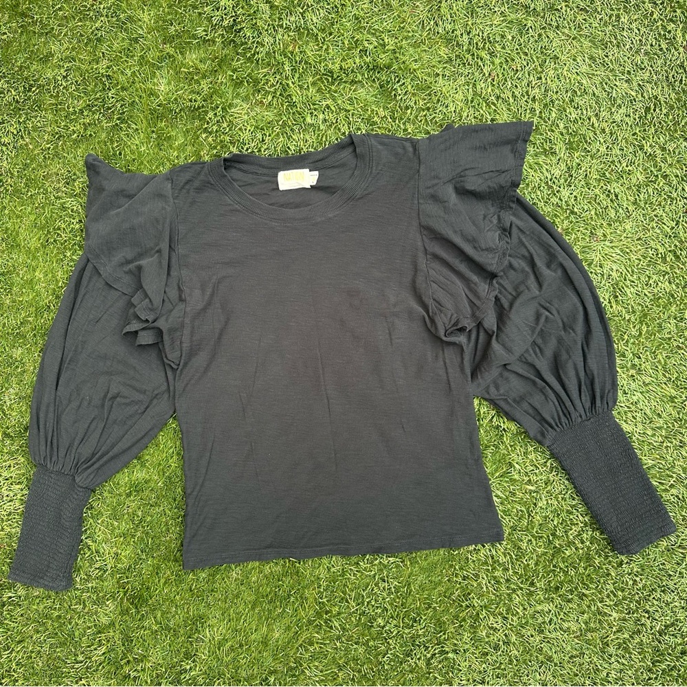 Nation LTD Loren Ruffle Tee Balloon Sleeve Pima Cotton Blouse Long Sleeve Blk S